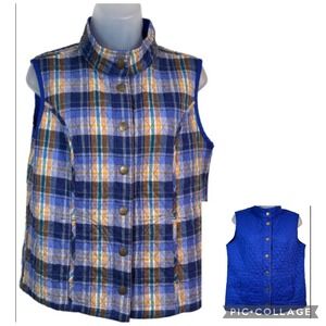 Quilted Plaid Reversible Vest Blue Multicolor Snap Front Stand Collar 36" Bust